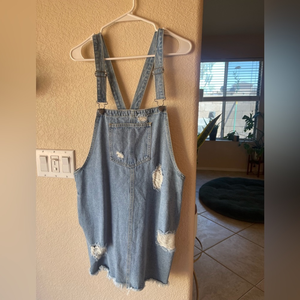 L jean dress overalls, distressed.